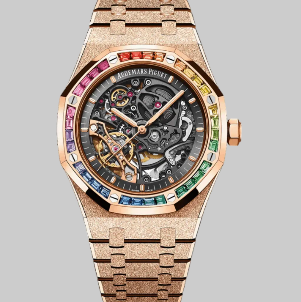 Audemars Piguet Royal Oak 15412OR.YG.1224OR.01-B Double Balance Wheel Frosted Rose Gold Openworked Dial Rainbow Bezel