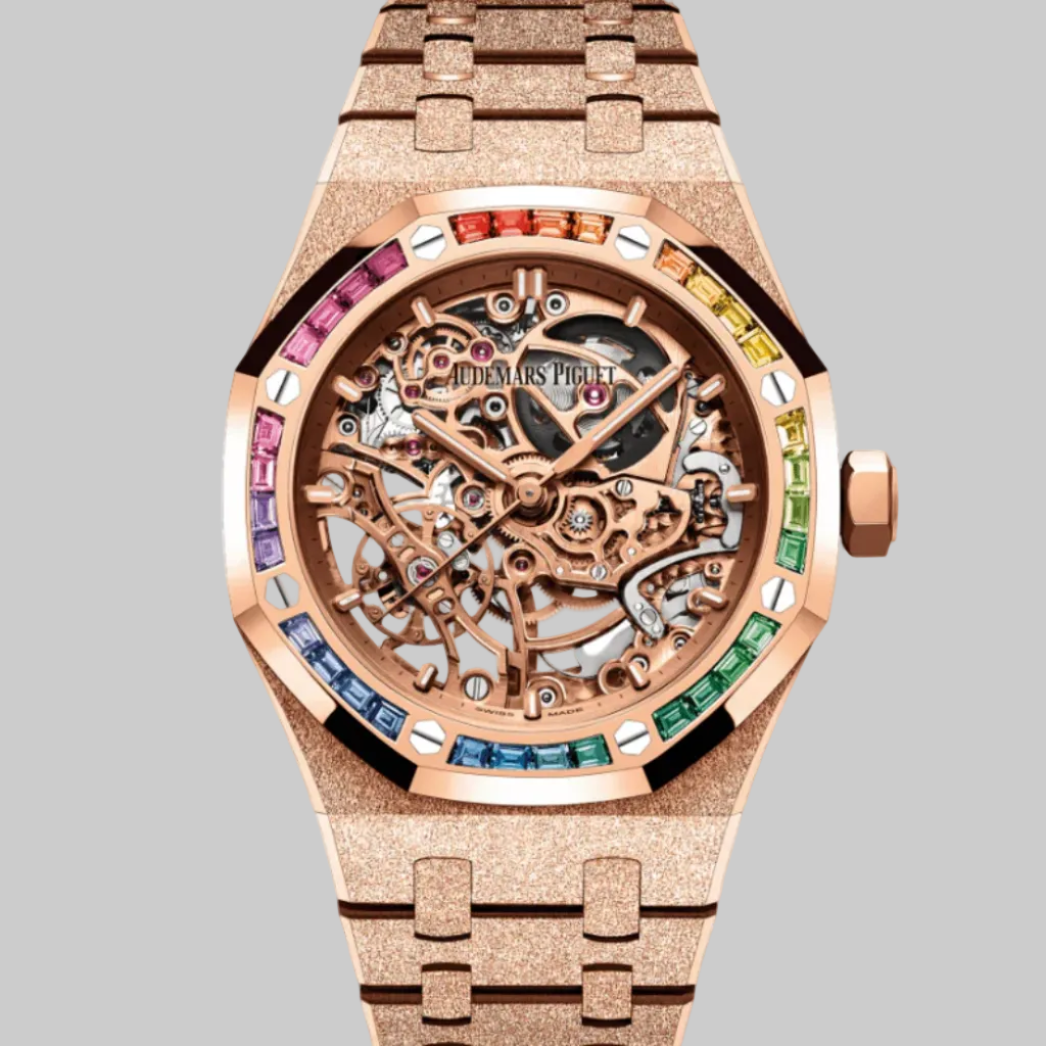 Audemars Piguet Royal Oak 15468OR.YG.1259OR.01 Openworked Frosted Rose Gold Rainbow Bezel