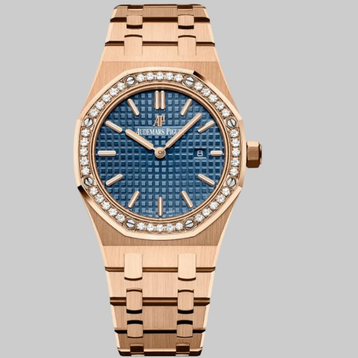 Audemars Piguet Royal Oak Quartz 67651OR.ZZ.1261OR.02 'Ladies' Rose Gold Blue Dial Diamond Bezel