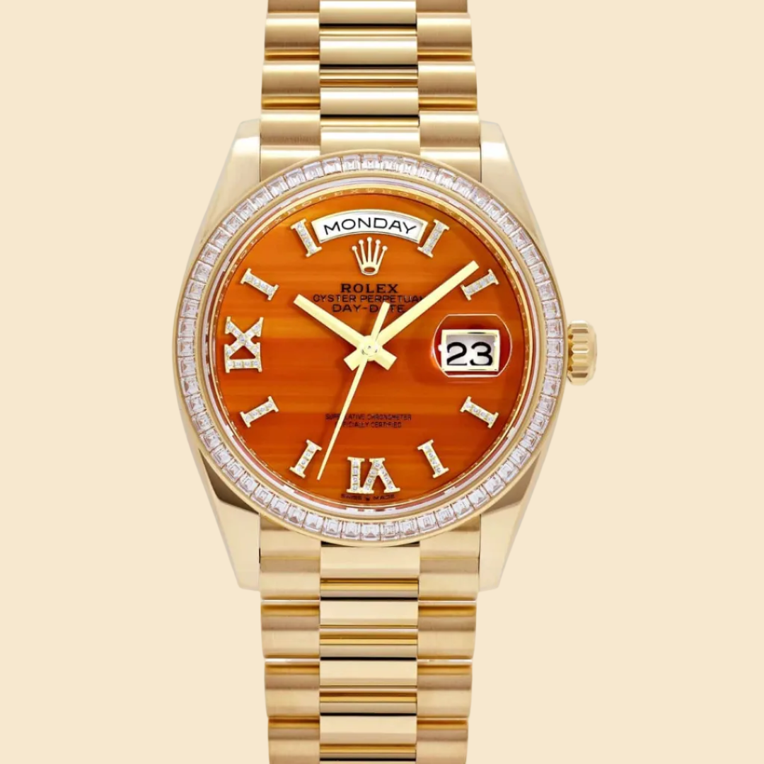 Rolex Day-Date 128398TBR Yellow Gold Carnelian Diamond Roman Numerals Dial Diamond Bezel