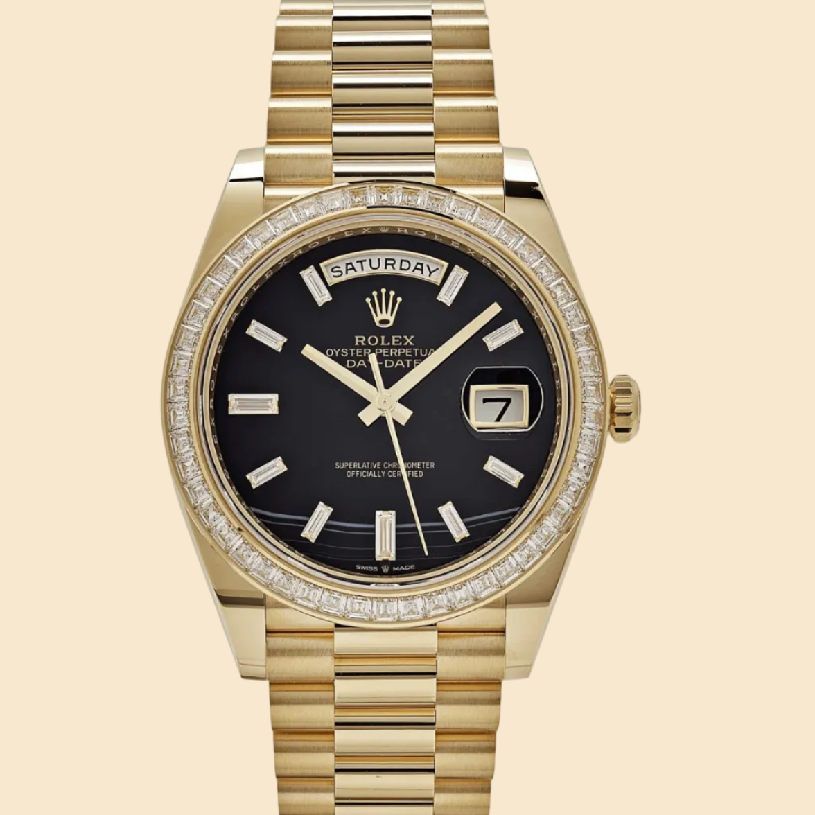 Rolex Day-Date 228398TBR Yellow Gold Onyx Baguette Diamond Dial Baguette Bezel