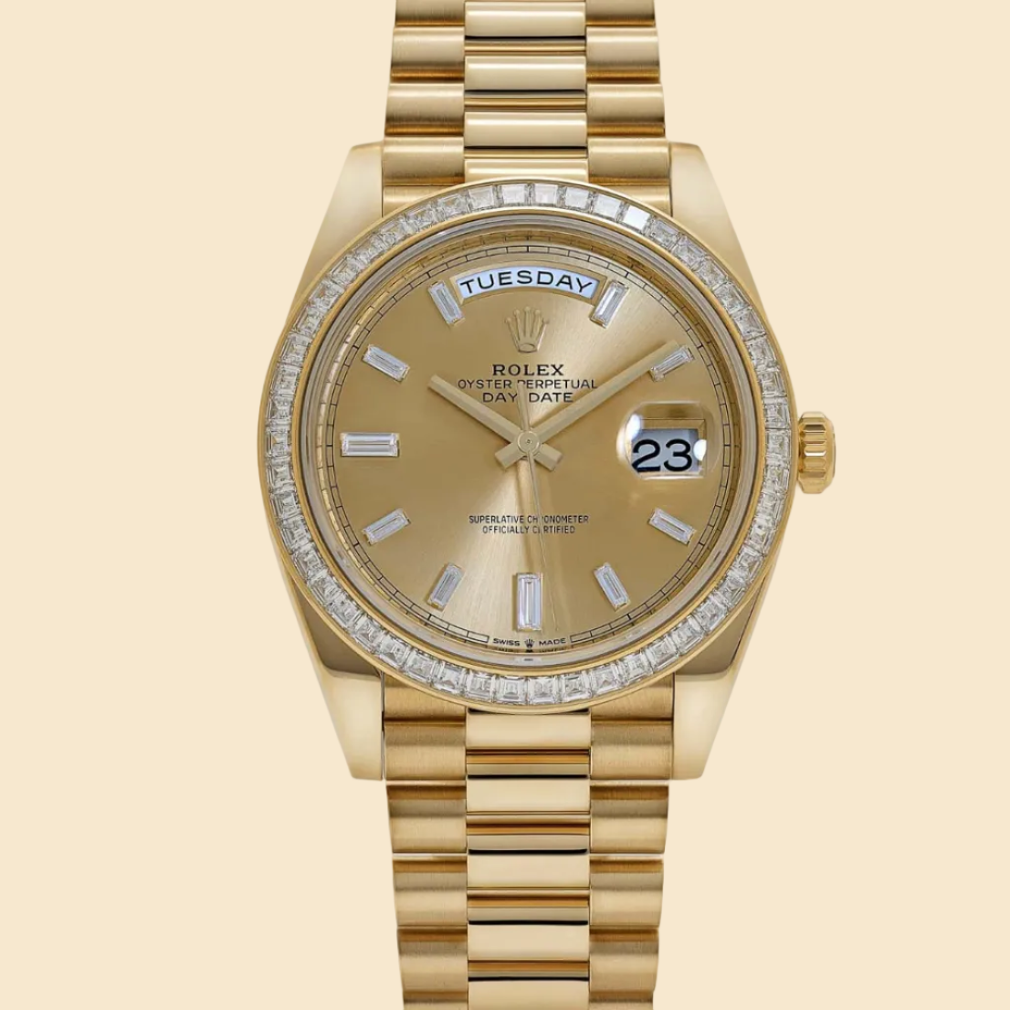 Rolex Day-Date 40 228398TBR Yellow Gold Champagne Diamond Baguette Dial Diamond Baguette Bezel