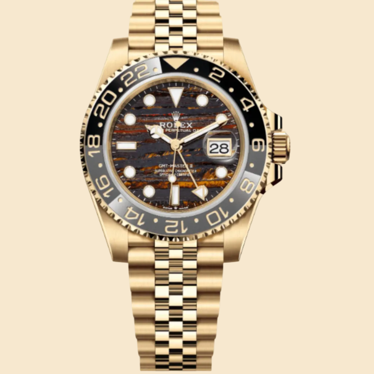Rolex GMT-Master II 126718GRNR Yellow Gold Tiger Iron Dial Jubilee