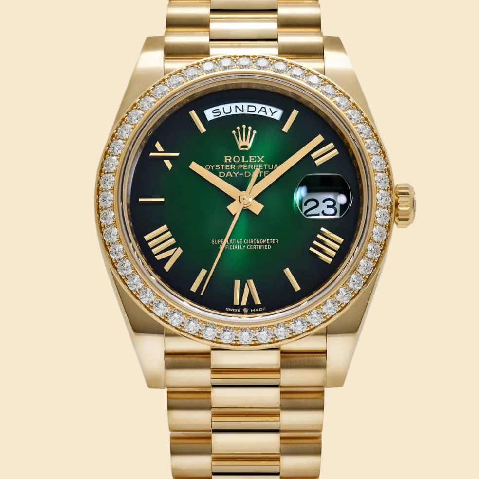 Rolex Day-Date 40 228348RBR Yellow Gold Green Ombre Roman Numeral Dial Diamond Bezel