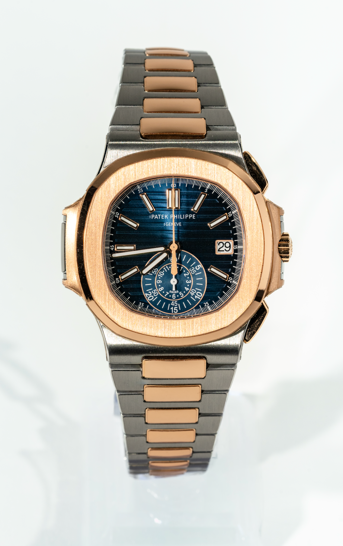 Patek Philippe Nautilus 5980/1AR-001 Chronograph Stainless Steel Rose Gold Blue Dial