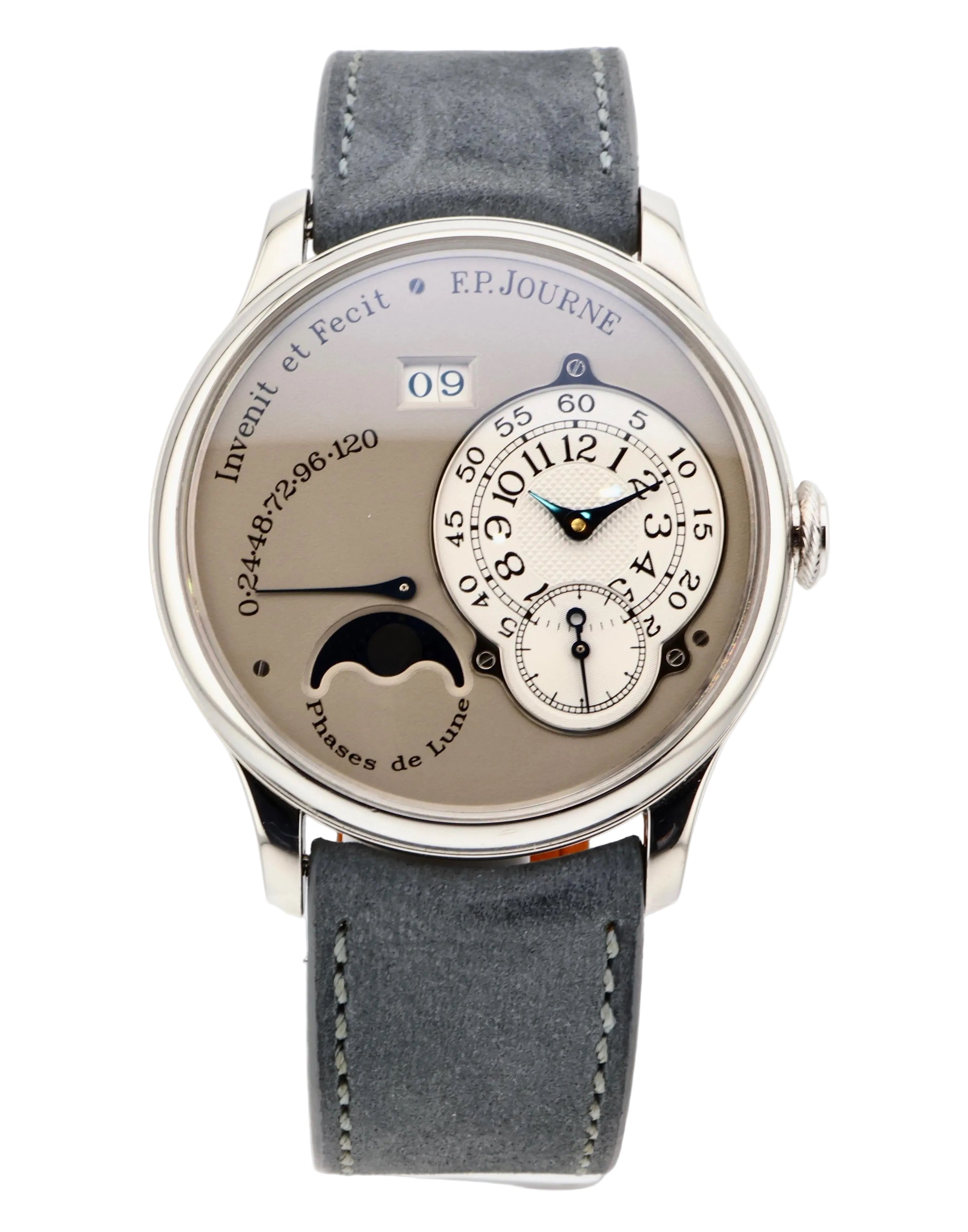 Watch with a detailed face and gray strap on a white background