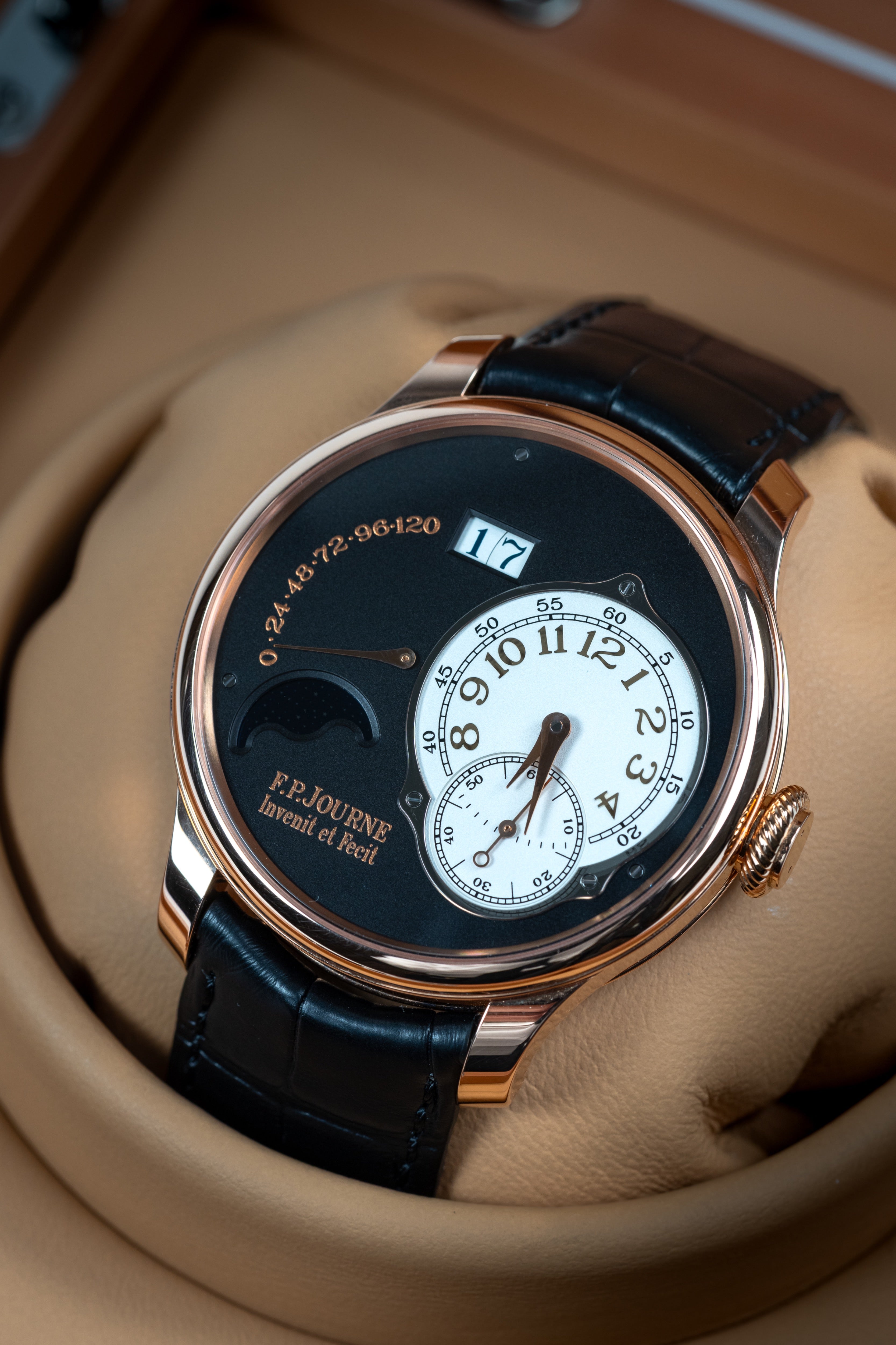 F.P.Journe Boutique Edition Lune (LN) Rose Gold Black Dial Black Leather Strap 40MM Calibre 1300.3