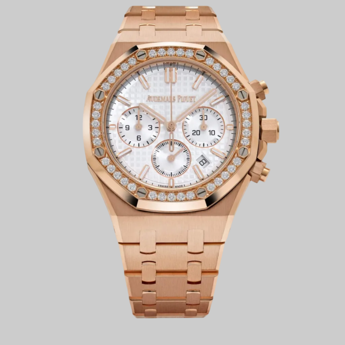 Audemars Piguet Royal Oak 26715OR.ZZ.1356OR.01 Chronograph Rose Gold Silver Dial Diamond Bezel