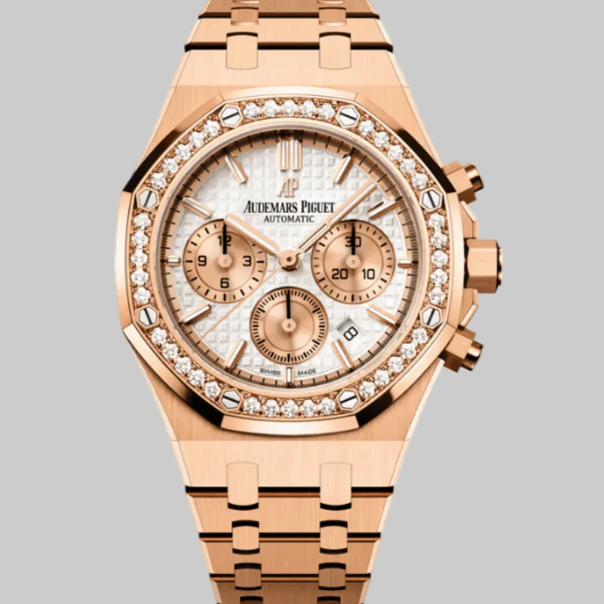 Audemars Piguet Royal Oak 26315OR.ZZ.1256OR.01 Chronograph Rose Gold Silver Dial Diamond Bezel