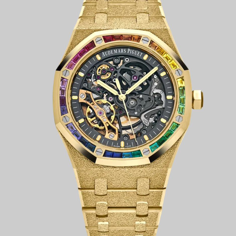 Audemars Piguet Royal Oak 15412BA.YG.1224BA.01 Frosted Yellow Gold Double Balance Wheel Rainbow Bezel