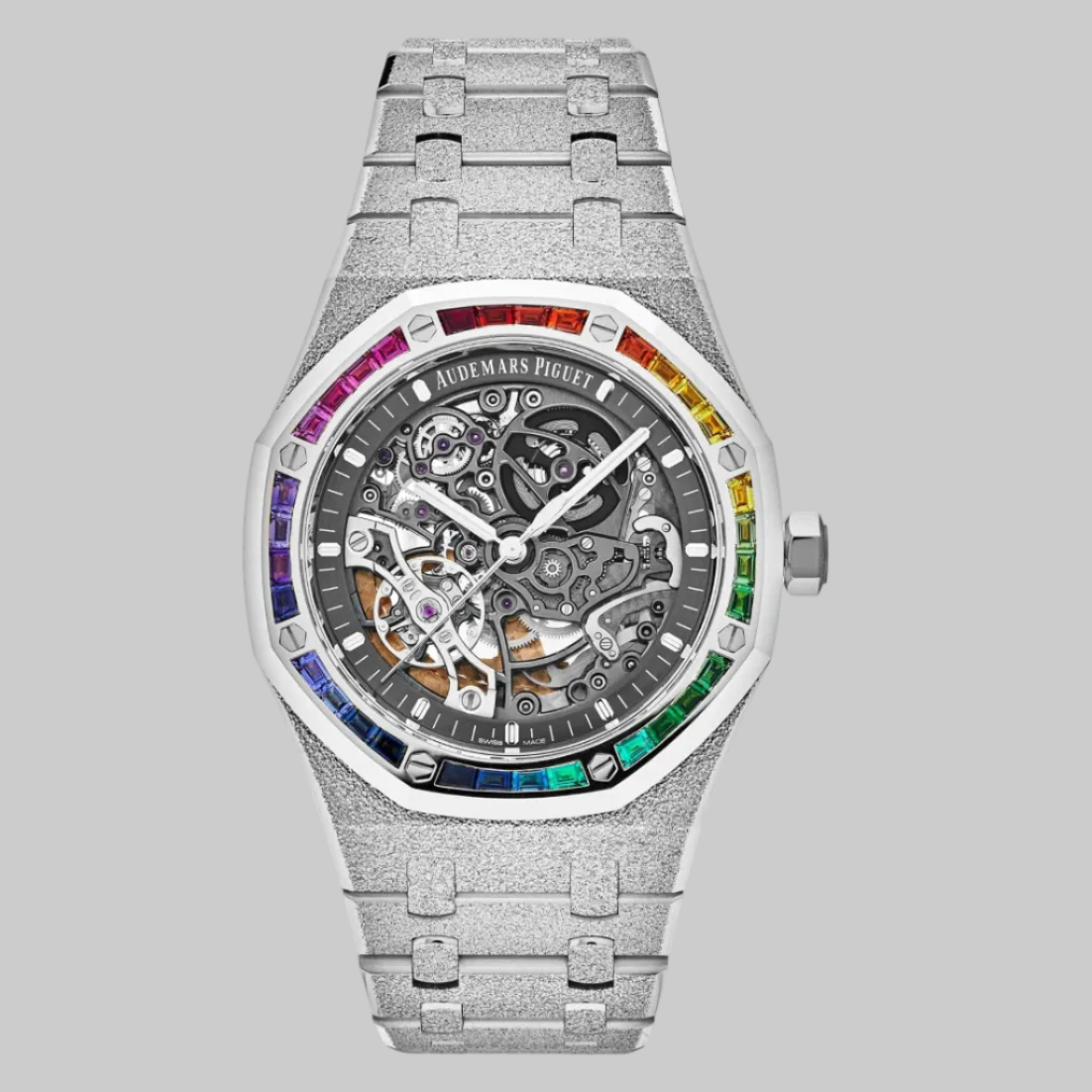 Audemars Piguet Royal Oak 15412BC.YG.1224BC.03 Double Balance Wheel Rainbow Bezel Frosted White Gold
