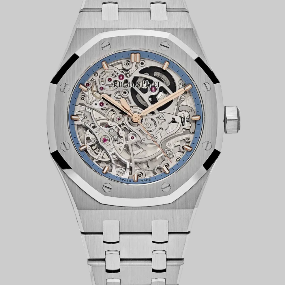 Audemars Piguet Royal Oak Openworked 15467BC.OO.1256BC.01 Double Balance Wheel White Gold Light-Blue Inner Bezel