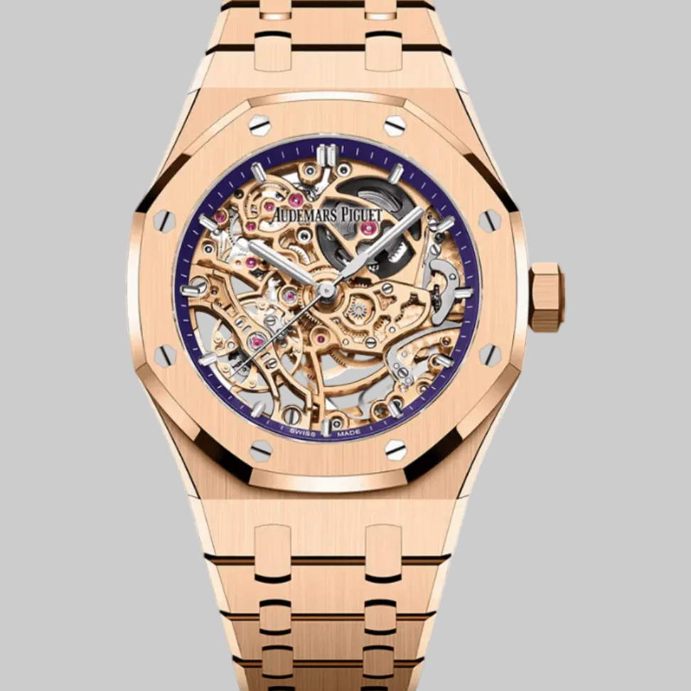 Audemars Piguet Royal Oak Openworked 15467OR.OO.1256OR.02 Double Balance Wheel Rose Gold Purple Inner Bezel