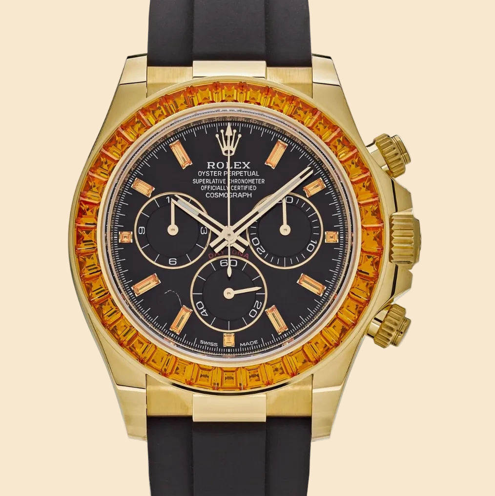 Rolex Daytona 116588SACO Yellow Gold Orange Sapphire Bezel Black Diamond Dial