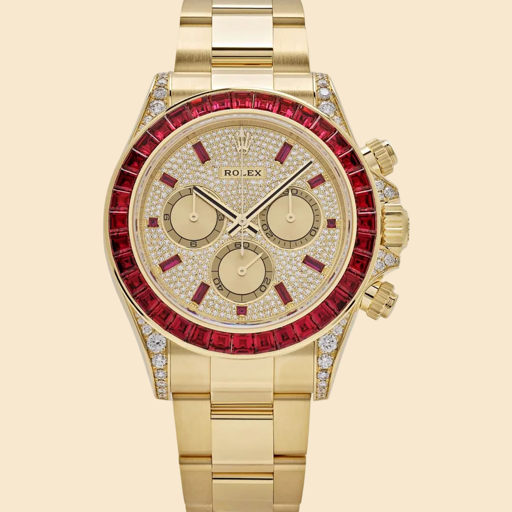 Rolex Daytona 126598TRU Yellow Gold Ruby Bezel Diamond Pave Dial