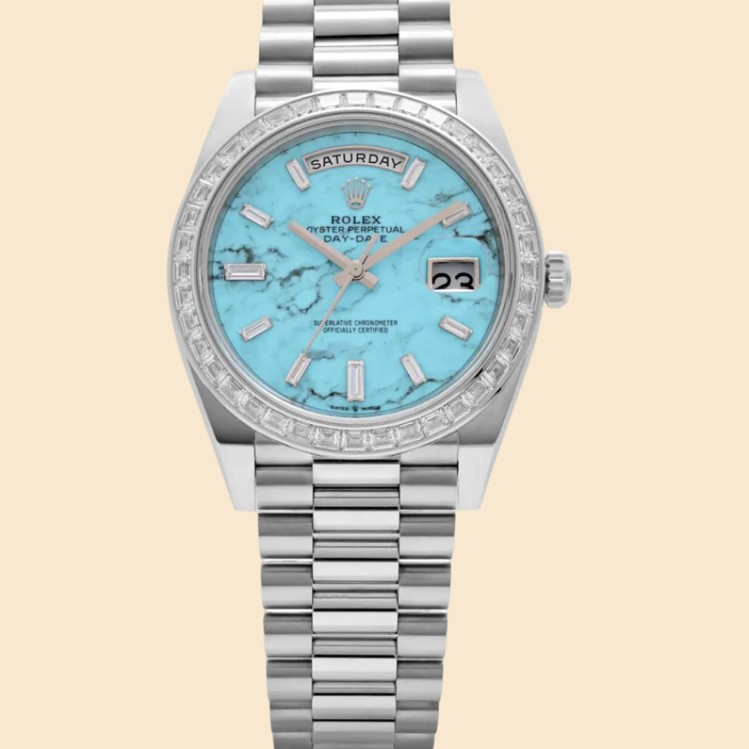 Rolex Day-Date 40 228396TBR Platinum Turquoise Stone Diamond Baguette Dial and Bezel