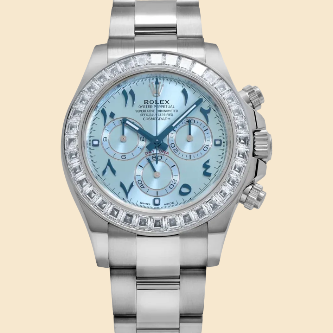 Rolex Daytona 116576TBR Platinum Ice Blue Arabic Dial Diamond Baguette Bezel