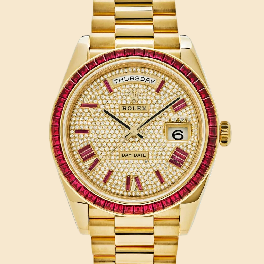Rolex Day-Date 40 228398TRU Yellow Gold Roman Dial Ruby Bezel