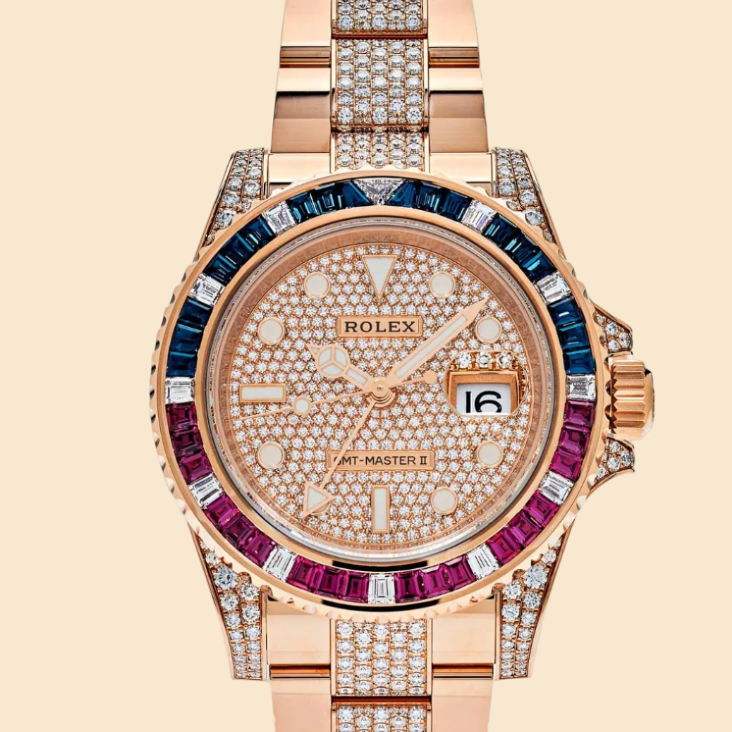 Rolex GMT-Master II 126755SARU Rose Gold Sapphire and Ruby Diamond Pave