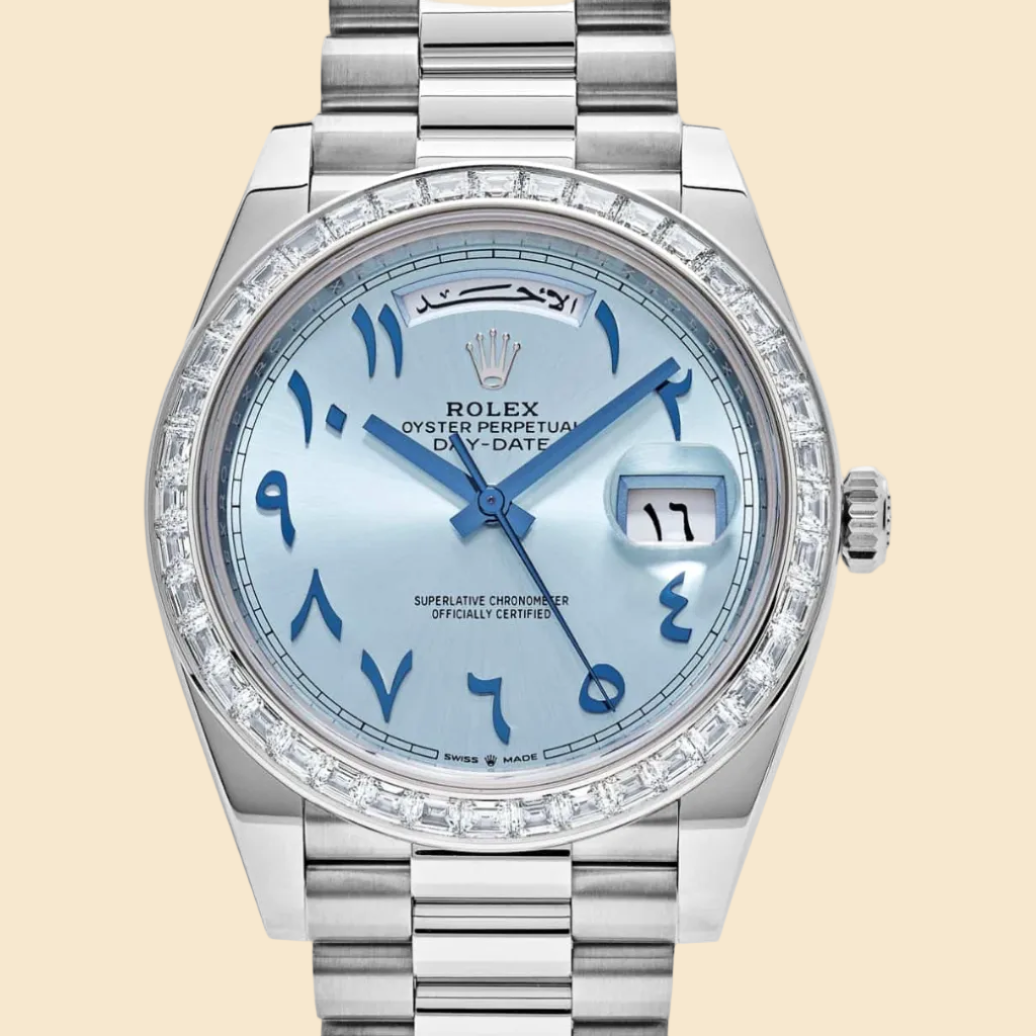 Rolex Day-Date 40 228396TBR Platinum Ice Blue Arabic Dial Diamond Bezel
