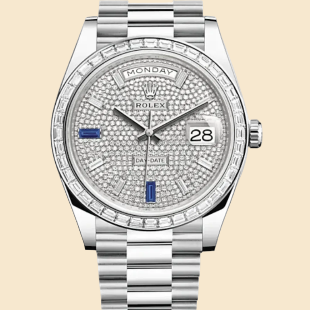 Rolex Day-Date 40 228396TBR Platinum Diamond Bezel Diamond-Paved Sapphire Dial