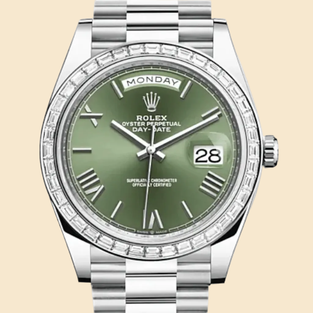 Rolex Day-Date 40 228396TBR Platinum Olive Green Dial Diamond Bezel