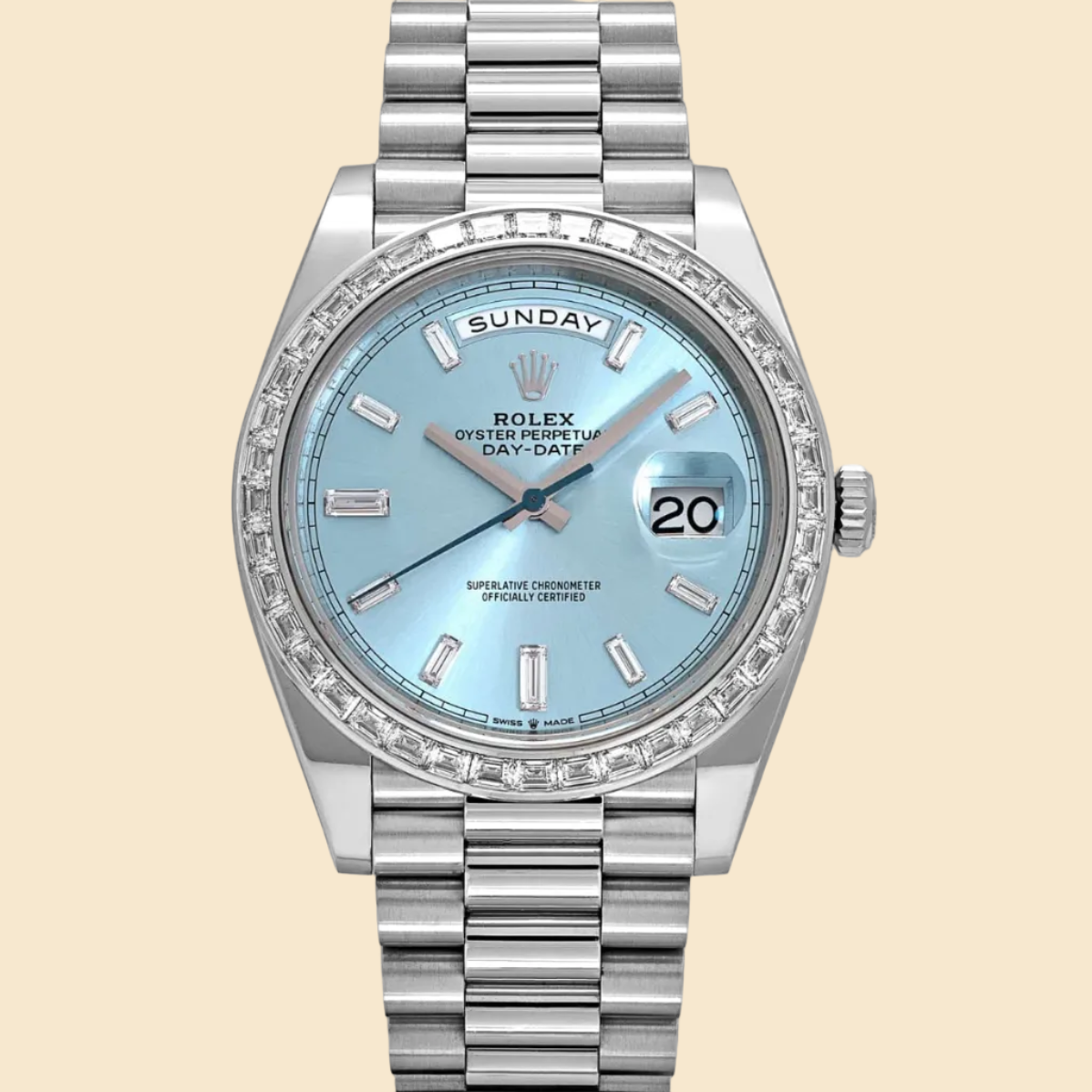 Rolex Day-Date 40 228396TBR Platinum Diamond Bezel Ice Blue Diamond Dial