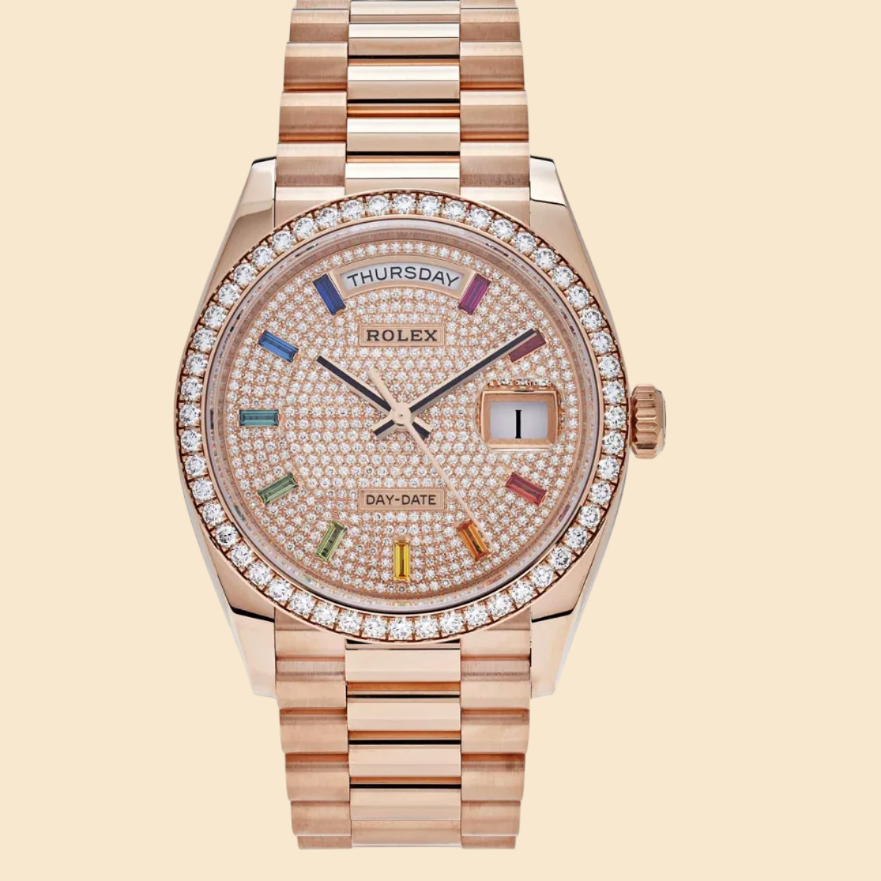 Rolex Day-Date 36 128345RBR Rose Gold Rainbow Diamond Pave Dial Diamond Bezel