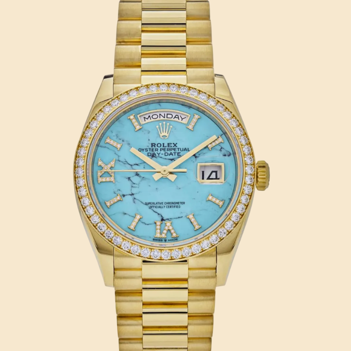 Rolex Day-Date 36 128348RBR Yellow Gold Diamond Bezel Turquoise Diamond Dial