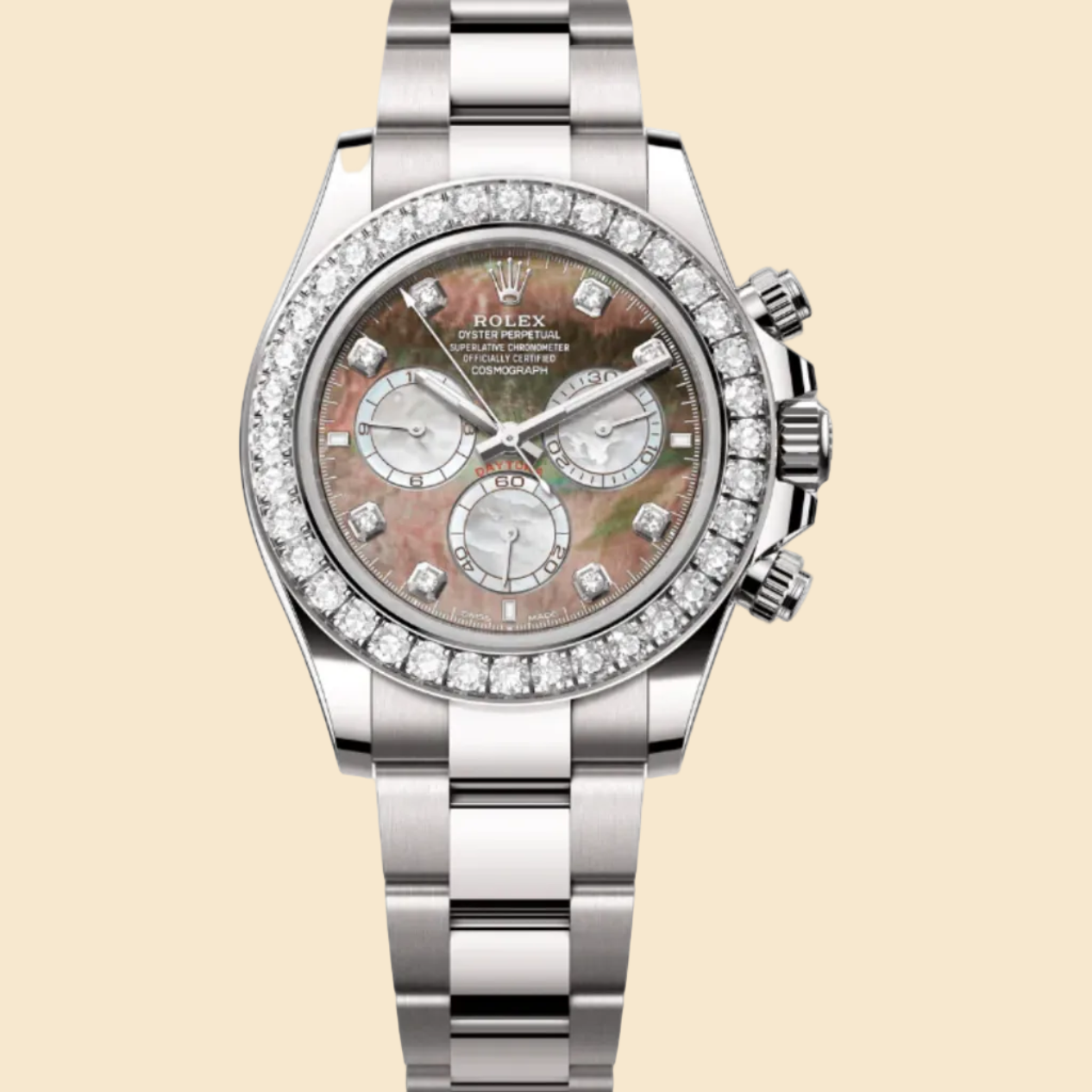 Rolex Daytona 126579RBR White Gold Mother of Pearl Diamond Dial Diamond Bezel