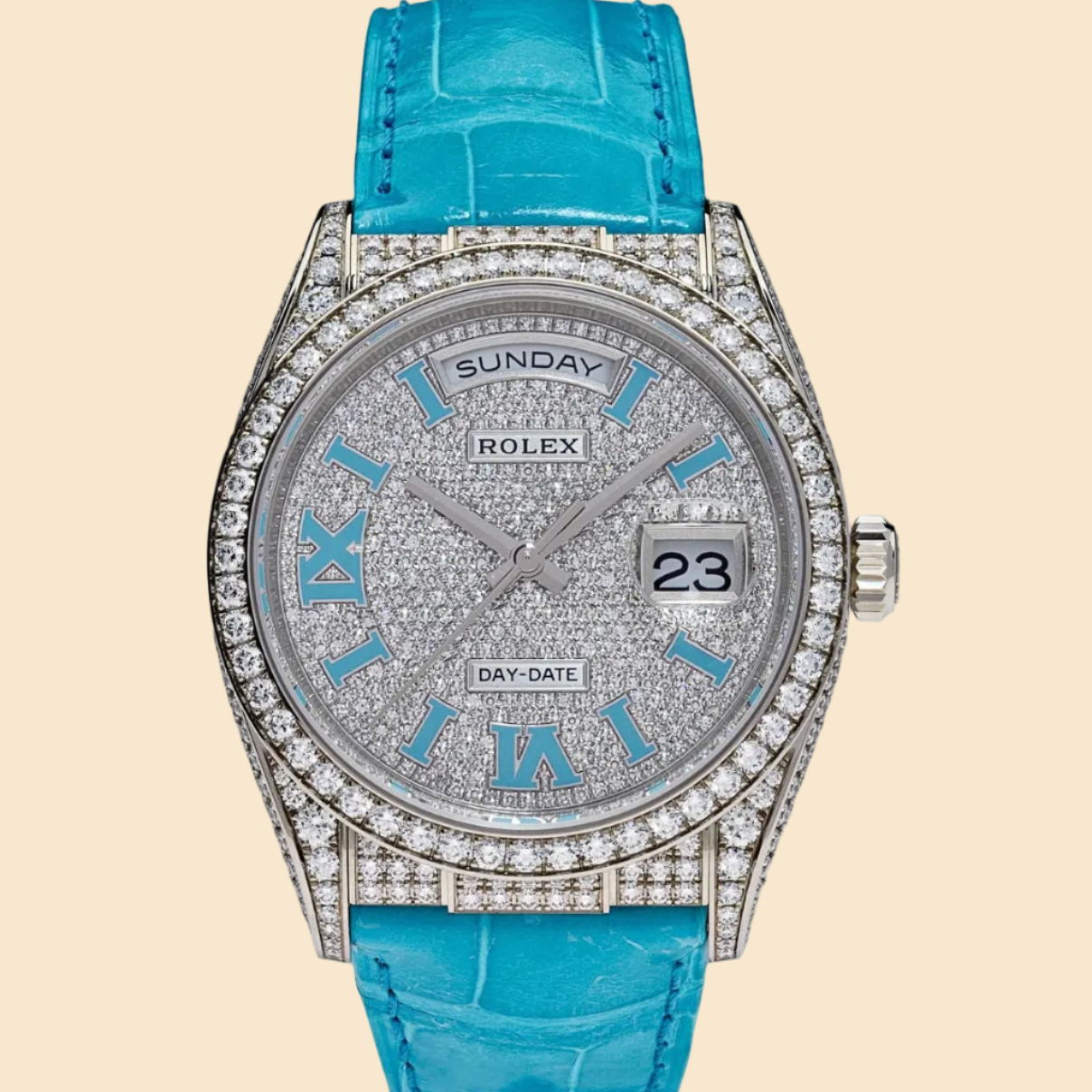 Rolex Day-Date 36 128159RBR White Gold Diamond Roman Dial