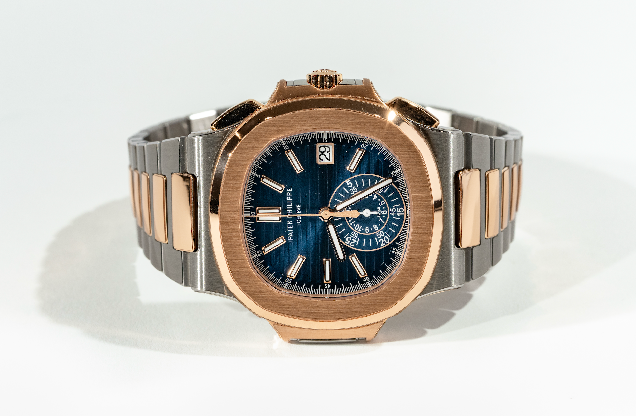 Patek Philippe Nautilus 5980/1AR-001 Chronograph Stainless Steel Rose Gold Blue Dial