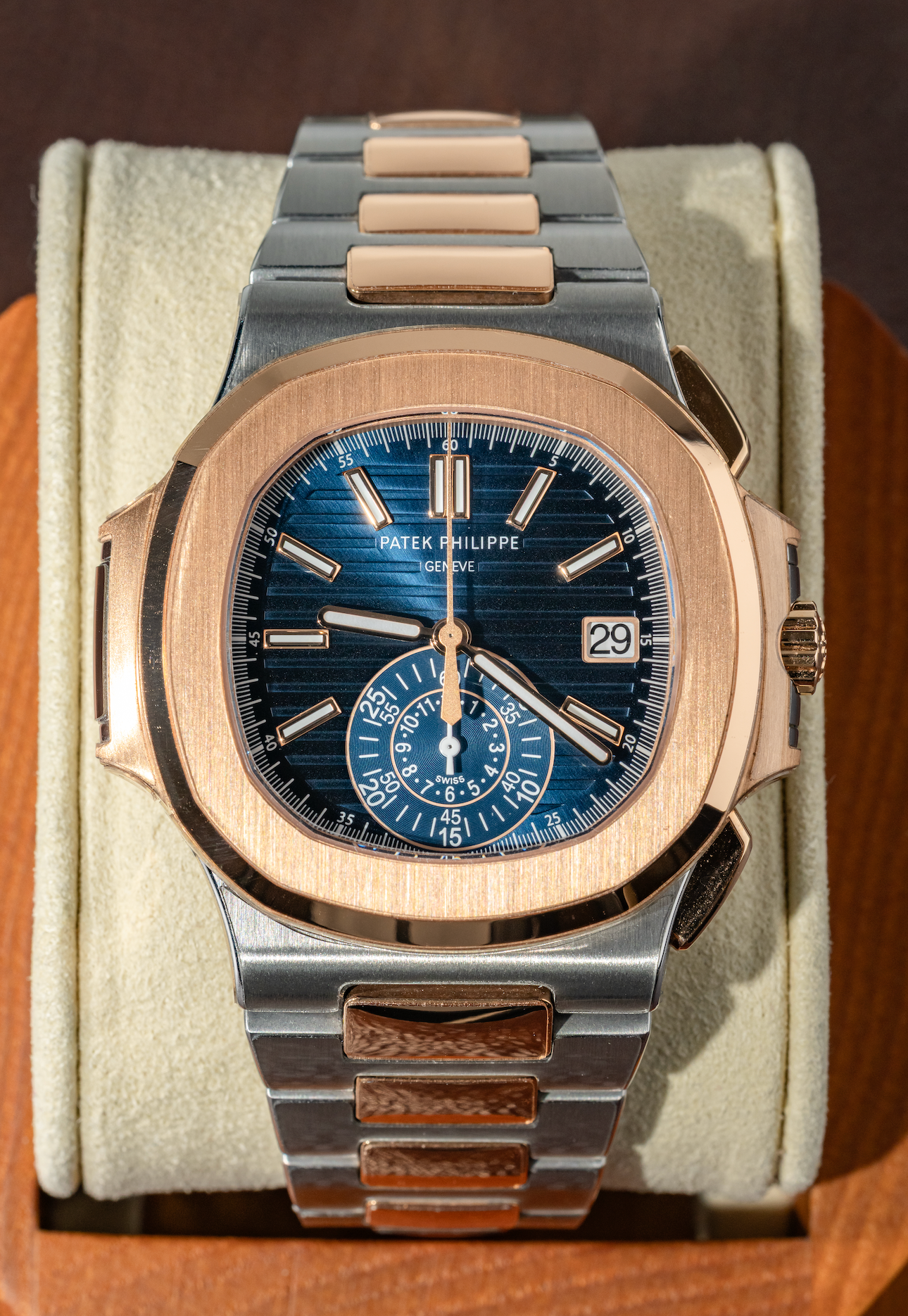 Patek Philippe Nautilus 5980/1AR-001 Chronograph Stainless Steel Rose Gold Blue Dial
